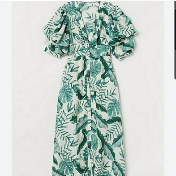 H&M Dresses & Skirts - NEW Johanna Ortiz x H&M linen blend leaf print puff sleeve dress